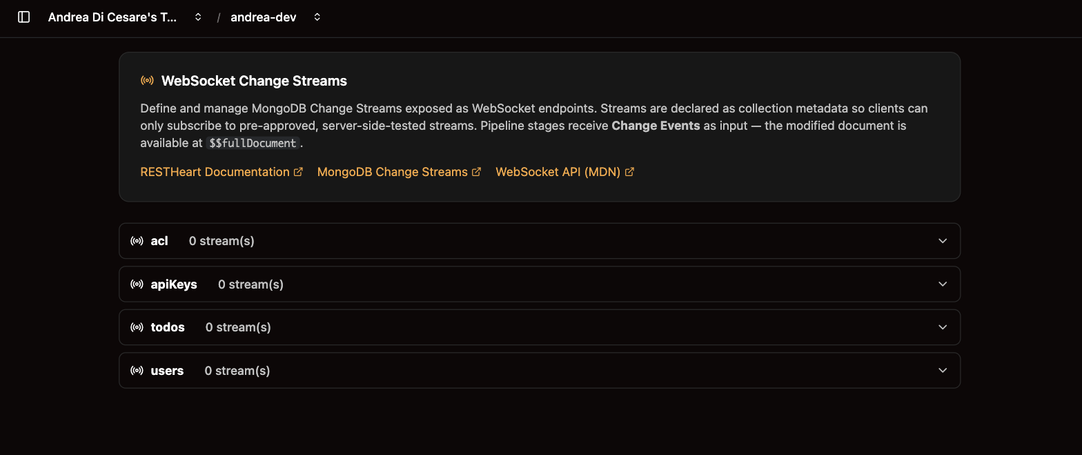 The Change streams page: the collections of the service