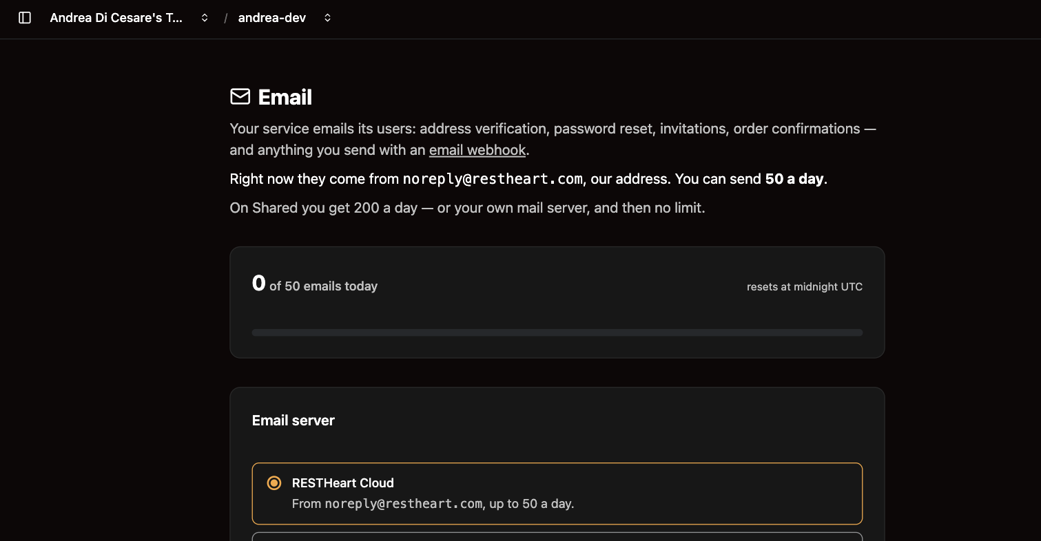 The Email page: today’s count against the daily limit