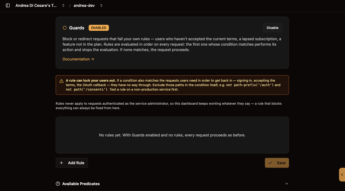 The Guards page: the plugin enabled