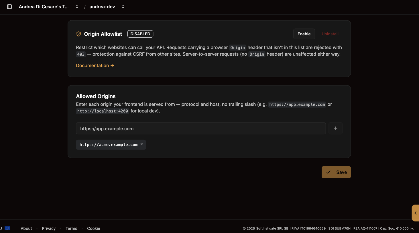 The Origin Allowlist page: the plugin
