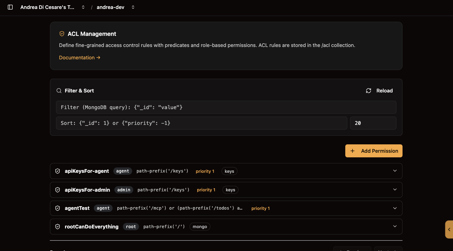The Permissions page: each rule with its roles