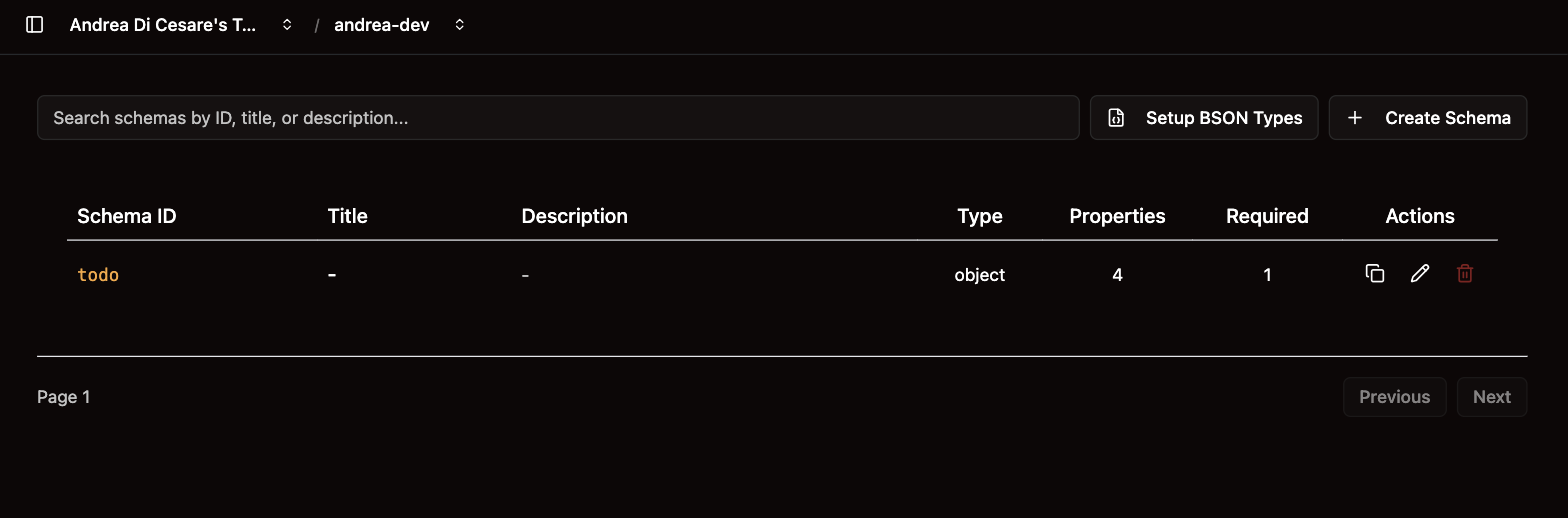 The Schemas page: each schema with its type