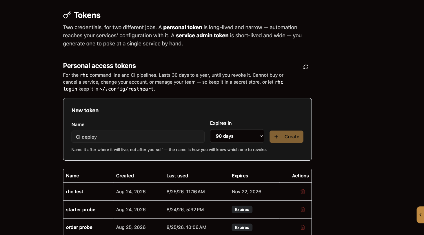 The Tokens page: a form to create a personal access token